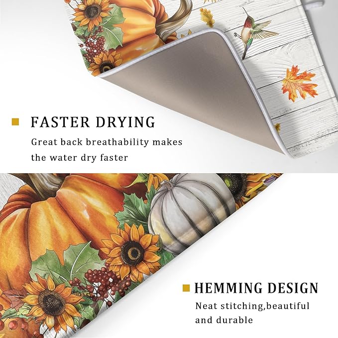 Autumn Harvest Pumpkin Dish Drying Mat for Kitchen Counter Sunflower Maple Leaves Fall Dish Drying Mat 18”x24” Thanksgiving Dishes Pad Dish Drainer Rack Mats Absorbent Fast Dry Kitchen Accessories