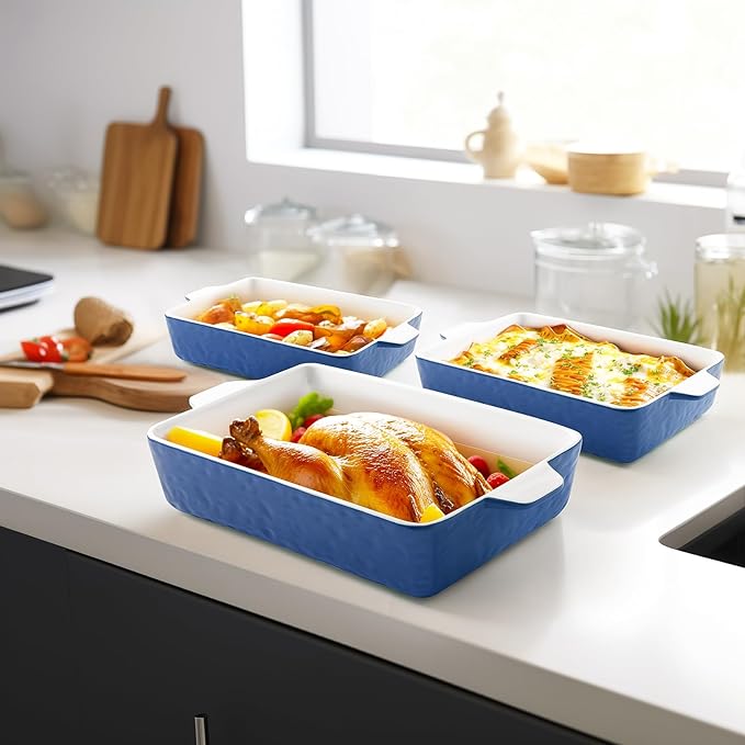 Casserole Dishes for Oven, Ceramic Baking Dishes, Lasagna Pan with Handles, Porcelain Baking Pan Deep, Bakeware for Baking, Cooking, Wedding Gift, Set of 3 (11.6" x 7.8", Dark Blue) - Image 6