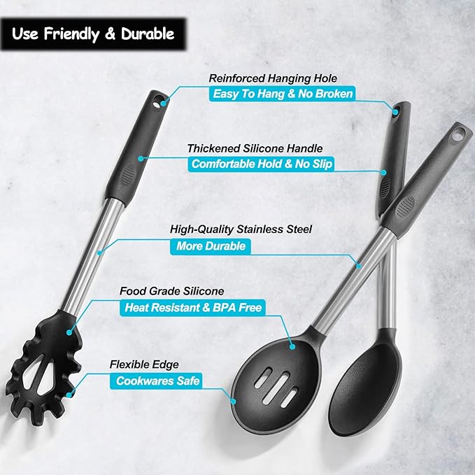 Silicone Spatula and Cooking Spoon,5 Pack Non-Stick Cooking Utensils for Kitchen，Heat Resistant Solid & Slotted Spoons and Spatulas, Stainless Steel Handle Coated with Silicone,Black - Image 4