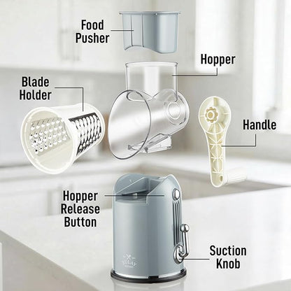 Zulay Kitchen Rotary Cheese Grater 5 Blade Cheese Shredder - Manual Hand Crank Cheese Grater With Reinforced Suction & 5 Interchangeable Drums - Easy to Use, Vegetable Chopper Round Mandoline Slicer - Image 9