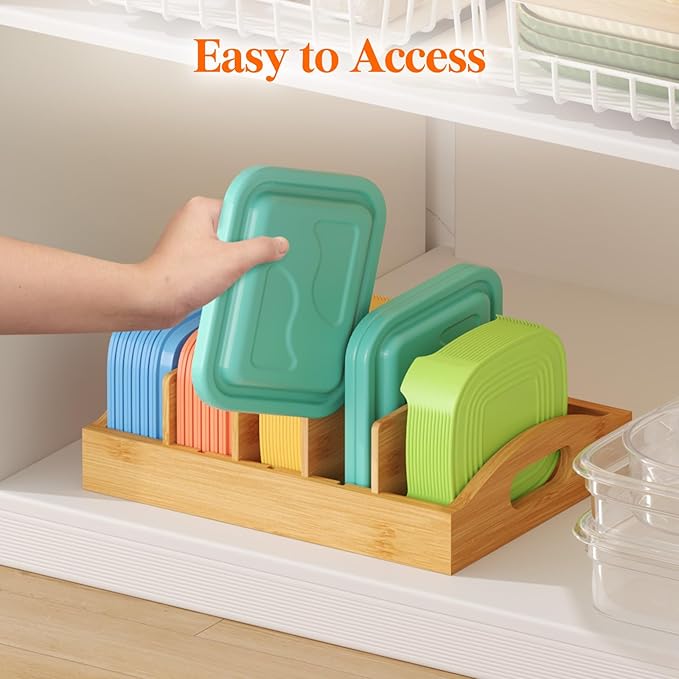 Lifewit Bamboo Lid Organizers for Inside Cabinet, Food Storage Container Lid Holder with 4 adjustable Inserts & 5 Sections, Kitchen Pantry organizer and storage, 10.6" X 8.3" - Image 9