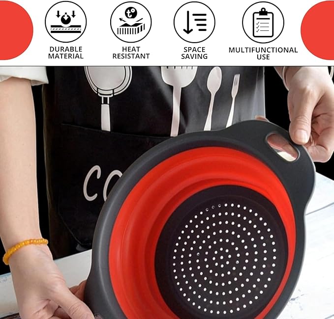 Red Round Silicone Collapsible Colander – Silicone Round Kitchen Strainers with Plastic Handles Foldable Kitchen Strainer Small Perfect for Draining Pasta Vegetable and Fruit - Image 8