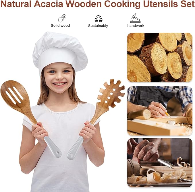 Wooden Spoons For Cooking, 6 Pieces Natural Acacia Wooden Cooking Utensils or Non-Stick Wooden Kitchen Utensil Set for Kitchen Essentials, Wood Cooking Utensils Set with Hanging Hole, Grey - Image 8