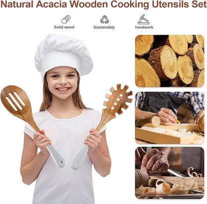 Wooden Spoons For Cooking, 6 Pieces Natural Acacia Wooden Cooking Utensils or Non-Stick Wooden Kitchen Utensil Set for Kitchen Essentials, Wood Cooking Utensils Set with Hanging Hole, Grey - Image 8