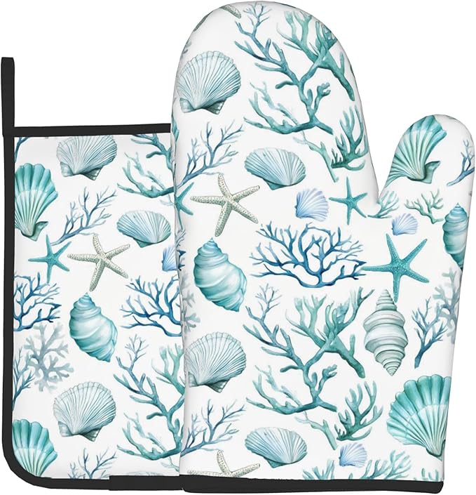 Nautical Oven Mitts and Pot Holders Sets Coastal Kitchen Mitts Potholders 2PCS Summer Starfish Seashell Coral Beach Oven Gloves Hot Pads for BBQ Grilling by DZGlobal