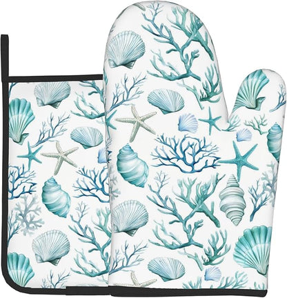 Nautical Oven Mitts and Pot Holders Sets Coastal Kitchen Mitts Potholders 2PCS Summer Starfish Seashell Coral Beach Oven Gloves Hot Pads for BBQ Grilling by DZGlobal