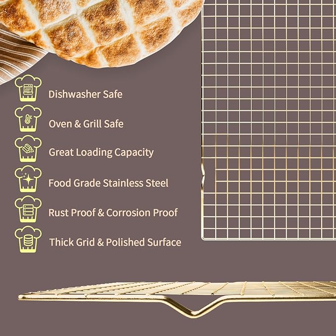 BRIOUT Cooling Rack for Baking, 16x10 Inches Baking Rack, Thick Wire Cookie Rack for Cooking, Roasting, Grilling, Drying, Oven Safe, Fits Half Sheet Pan, Gold - Image 2