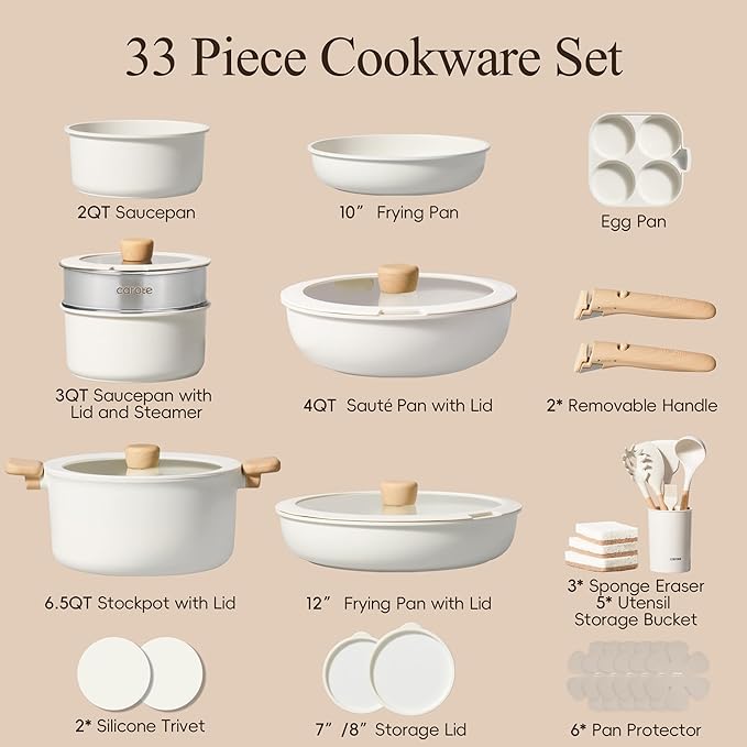 CAROTE 33pcs Pots and Pans Non Stick, Cookware Sets Detachable Handle, Induction Kitchen Pots and Pans, NonStick Cooking Set, Oven/Dishwasher/Fridge Safe, Space Saving - Image 2