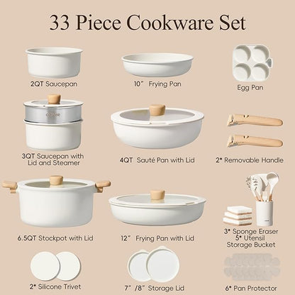 CAROTE 33pcs Pots and Pans Non Stick, Cookware Sets Detachable Handle, Induction Kitchen Pots and Pans, NonStick Cooking Set, Oven/Dishwasher/Fridge Safe, Space Saving - Image 2