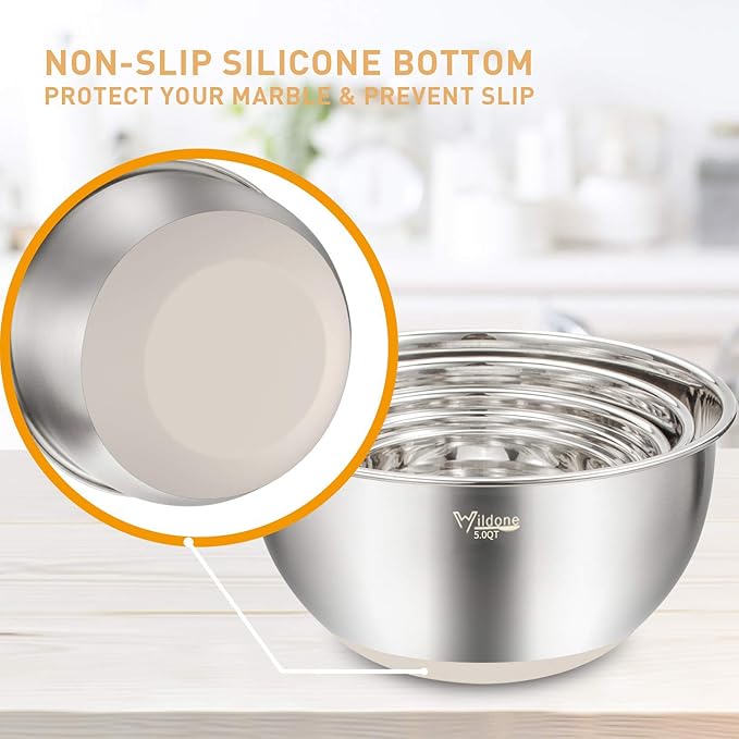 Wildone Mixing Bowls with Airtight Lids Set, 5PCS Stainless Steel Khaki Nesting Bowls for Kitchen, with Grater Attachments & Non-Slip Bottoms, Size 5, 3, 2, 1.5, 0.63 QT, Great for Mixing & Serving - Image 5