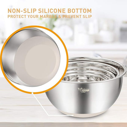 Wildone Mixing Bowls with Airtight Lids Set, 5PCS Stainless Steel Khaki Nesting Bowls for Kitchen, with Grater Attachments & Non-Slip Bottoms, Size 5, 3, 2, 1.5, 0.63 QT, Great for Mixing & Serving - Image 5