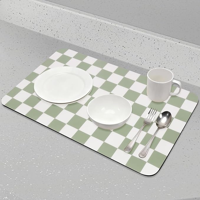 CooRug Checkered Dish Drying Mat for Kitchen Counter, Absorbent Non-Slip Coffee Mat, Heat Resistant Mat for Countertops Coffee Bar Decor 16" x 24" Green - Image 5