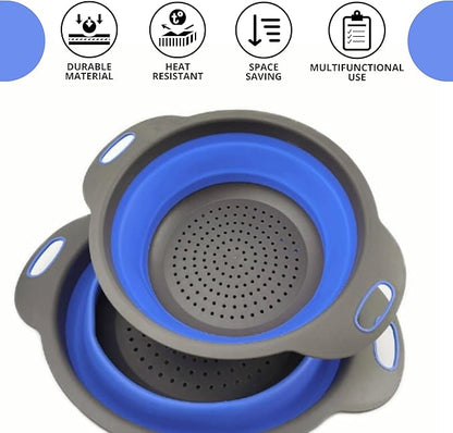 Round Silicone Blue Colander Collapsible – Foldable Kitchen Strainer Small Collapsible Colander Blue with Plastic Handles for Draining Vegetable and Fruit Round Silicone Kitchen Strainer for Pasta