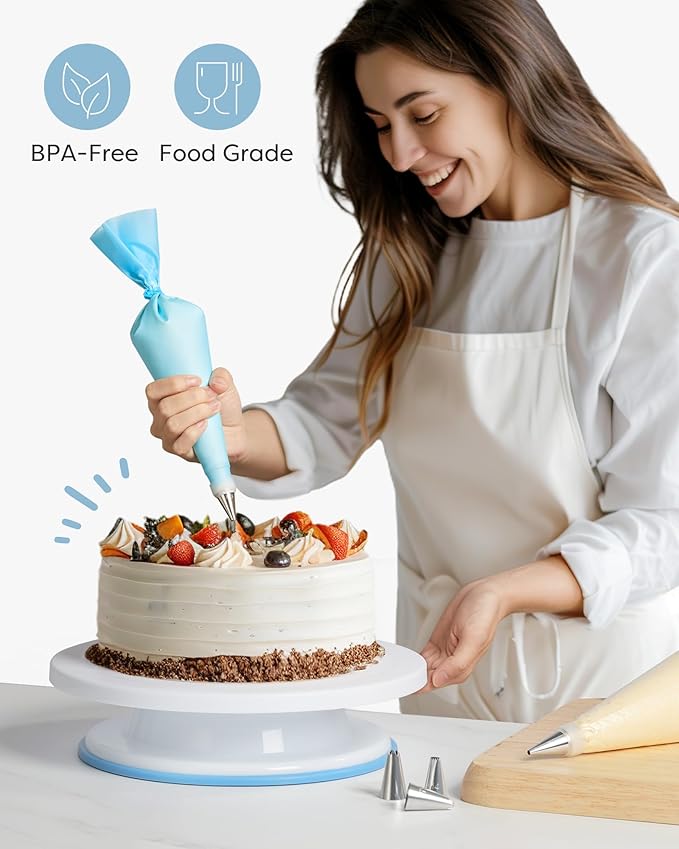 Kootek 71PCs Cake Decorating Kit, Baking Supplies Tools - Includes Cake Stand Turntable, 12 Icing Piping Tips Set, 2 Frosting Spatulas, 3 Scrapers, 50+2 Piping Bags, Coupler, Video Tutorial, Booklet - Image 7