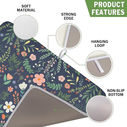 Floral Dish Drying Mat for Kitchen Counter Rustic Flower Leaves Print Microfiber Dish Drainer Mat Farmhouse Floral Absorbent Washable Drying Pad 16"x18"