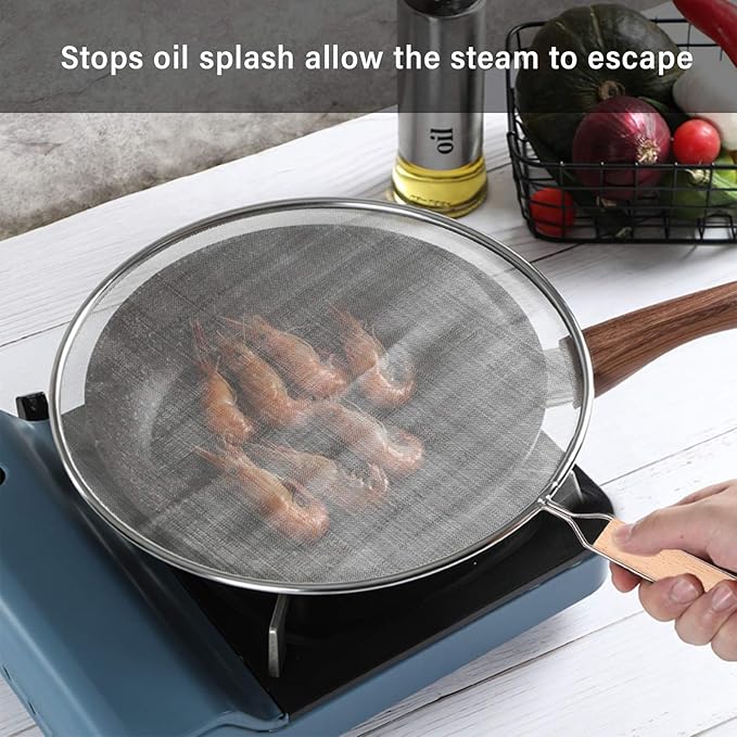 3 Pieces Grease Splatter Screen for Frying Pan, Splatter Guard Mesh Stainless Steel Grease Guard Shield for Kitchen Frying Pan Cooking Supplies Set of 9.44", 10.8" and 12.5" inch (Wood Handle) - Image 6