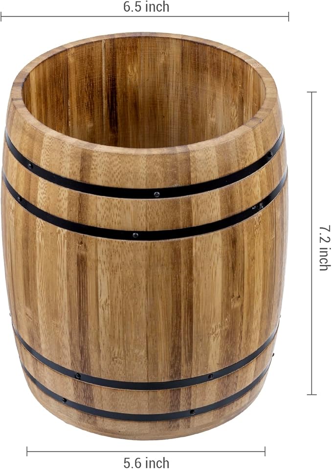MyGift Wine Barrel Design Kitchen Utensil Crock, Light Brown Solid Bamboo Wood Cooking Tool Holder - Image 5