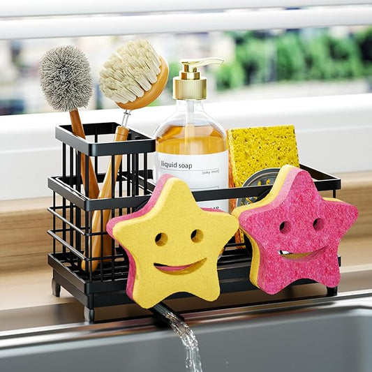 HapiRm Sink Caddy Sponge Holder - Self-draining Kitchen Sink Organizer with Smiley Face and Brush Holder, Stainless Steel Kitchen Sponge Caddy for Countertop - Black by HapiRm