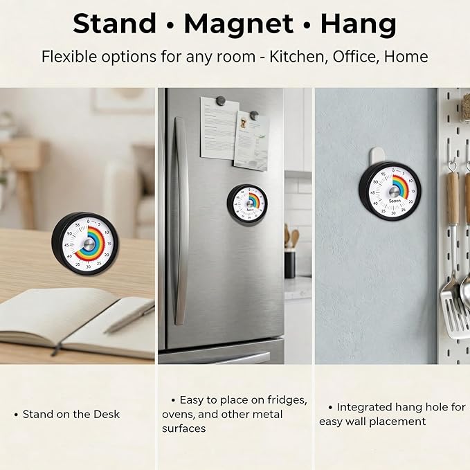 Searon Quiet Visual Timer with Magnet, Countdown Timer with Rainbow Disk and LED Alert, Easy Time Management for Home, Office, Kitchen & Study Desk (Black)