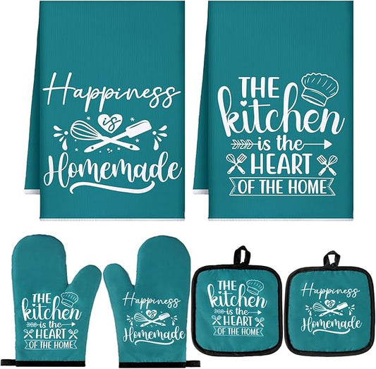 Sratte 6 Pcs Kitchen Decor Accessories Set Farmhouse Towels Pot Holders Oven Mitts Set 2 Dish Towels 2 Potholders 2 Cooking Mittens Oven Glove for Christmas Baking Cooking Supply(Teal,Kitchen) by Sratte
