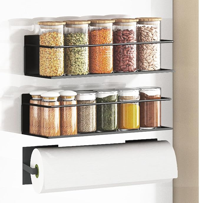 Magnetic Spice Rack For Refrigerator, Space Saving Magnetic Shelf For Fridge Black 2 Pack With Magnetic Paper Towel Holder - Image 2