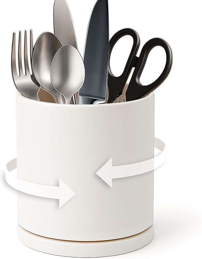 D'vine Dev 360° Rotating Utensil Holder – 5" Kitchen Utensil Crock for Countertop, Modern Cooking Tool Organizer for Kitchen Storage & Décor, Oatmeal, 72-X-D-1