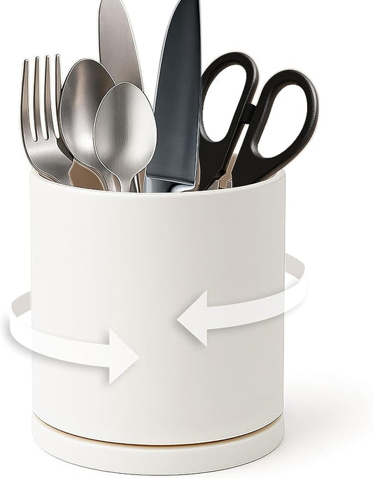 D'vine Dev 360° Rotating Utensil Holder – 5" Kitchen Utensil Crock for Countertop, Modern Cooking Tool Organizer for Kitchen Storage & Décor, Oatmeal, 72-X-D-1