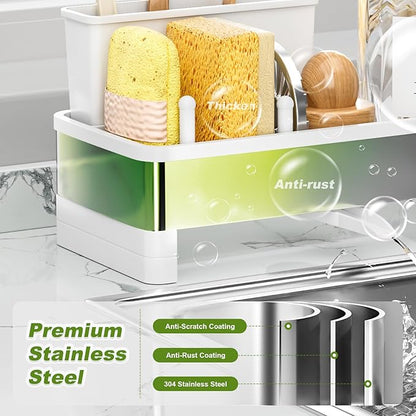 Ewaiira Stainless Steel Sink Caddy, Sponge Holder for Kitchen Sink with Brush Holder & Dishcloth Rack, Rustproof Organizer Countertop, Soap Dispenser Kitchen Organizers Storage Essentials, White 9.8″ - Image 4