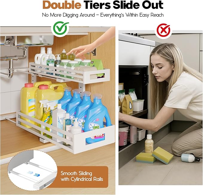 2-Pack 19"Deep Under Sink Organizer And Storage, 2-Tier L-Shaped Pull Out Cabinet Organizer with Upgraded Slide Rails, Height Adjustable Drawers for Kitchen&Bathroom, Extra-Large Storage Shelves–Gray - Image 3