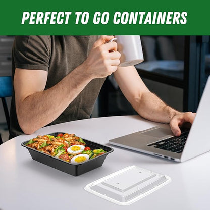 50 Pack (100-Piece) 32 oz Meal Prep Containers Reusable with Easy Open Lids, Sturdy Leakproof Food Safe, Microwave Freezer Dishwasher Safe, To Go Take Out Plastic Food Storage Pans with Lids, Black - Image 7