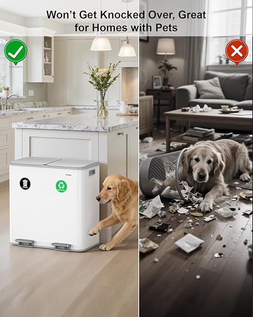 Lovewind 2×11.5 Gallon Dual Trash Can, Stainless Steel Dual Garbage and Recycling Can with Foot Pedal, 90° Stay-Open Lid, Pet-Proof Design – Large Dual Compartment Trash Recycling Bins Kitchen, White