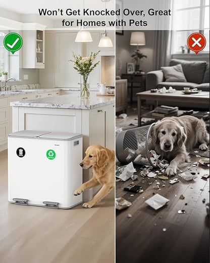 Lovewind 2×11.5 Gallon Dual Trash Can, Stainless Steel Dual Garbage and Recycling Can with Foot Pedal, 90° Stay-Open Lid, Pet-Proof Design – Large Dual Compartment Trash Recycling Bins Kitchen, White