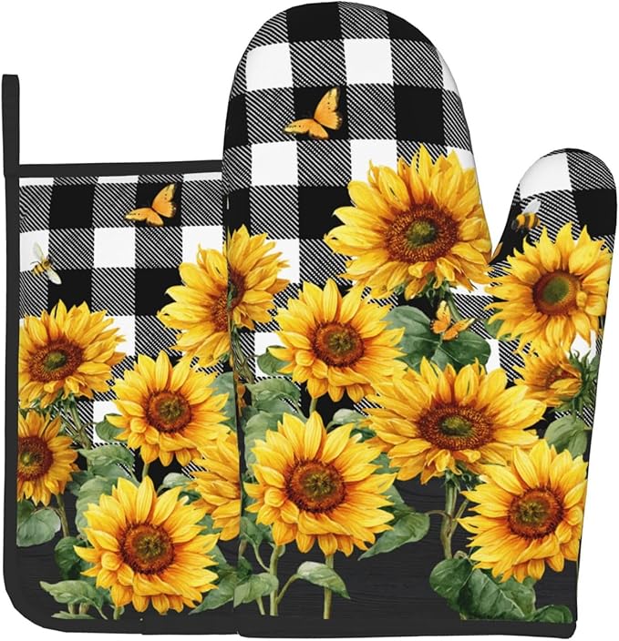 Sunflower Oven Mitts and Pot Holders Sets of 2 Buffalo Plaid Kitchen Mitts Farmhouse Hot Pads for Cooking Baking Grilling by DZGlobal