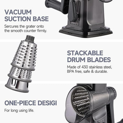 Rotary Cheese Grater with Handle Kitchen Shredder Slicer Grater Slicer Ice Shaver Cheese Vegetable Nuts Potato Zucchini Chocolate 3 Interchangeable Blades (Dark Grey TSP) - Image 6