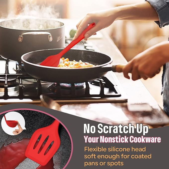 Silicone Kitchen Utensils Set, E-far 23 Pcs Red Cooking Utensils Tools with Holder for Nonstick Cookware, Include Spatula/Spoon/Ladle/Tongs/Turner, Heat Resistant & Nontoxic, Dishwasher Safe - Image 7