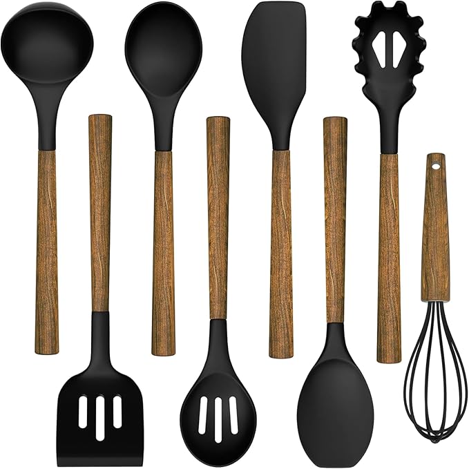 Silicone Cooking Utensil Set, Umite Chef 8-Piece Kitchen Utensils Set with Natural Acacia Wooden Handles,Food-Grade-Silicone Kitchen Gadgets Spatulas Set for Nonstick Cookware- Black by UmiteChef