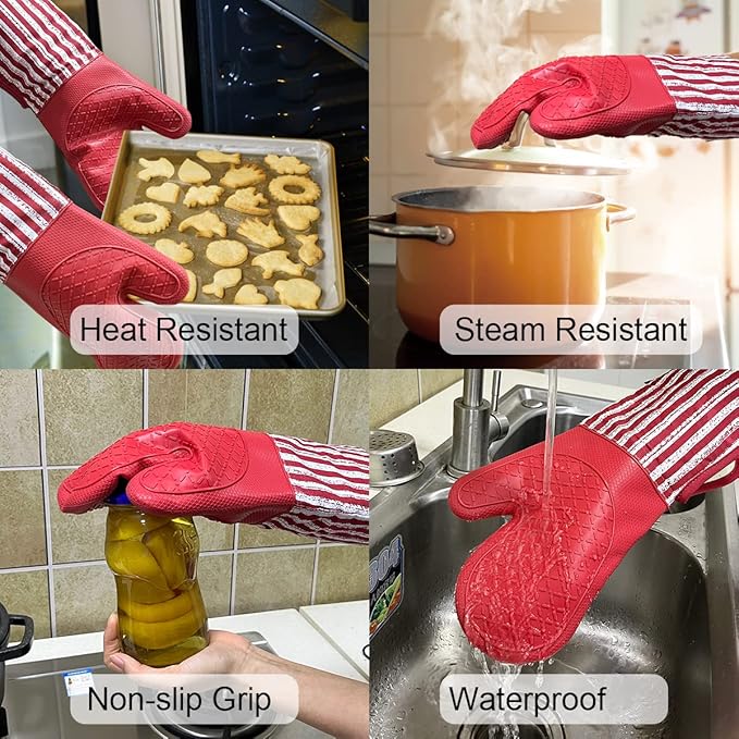 Alselo Silicone Oven Mitts Heat Resistant 932℉ with Waterproof & Non-Slip Kitchen Mittens, Set of 2 Extra Long Oven Gloves with Soft Cotton Terry Lining for Baking Cooking Barbecue (2, Red Mitts) - Image 4