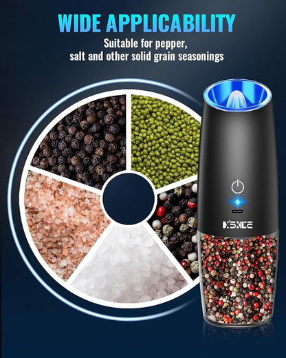 Rechargeable Pepper and Salt Grinder Set, whit Gravity Sensing Switch and LED Light, One Hand Automatic Operation -Black/2 Pack