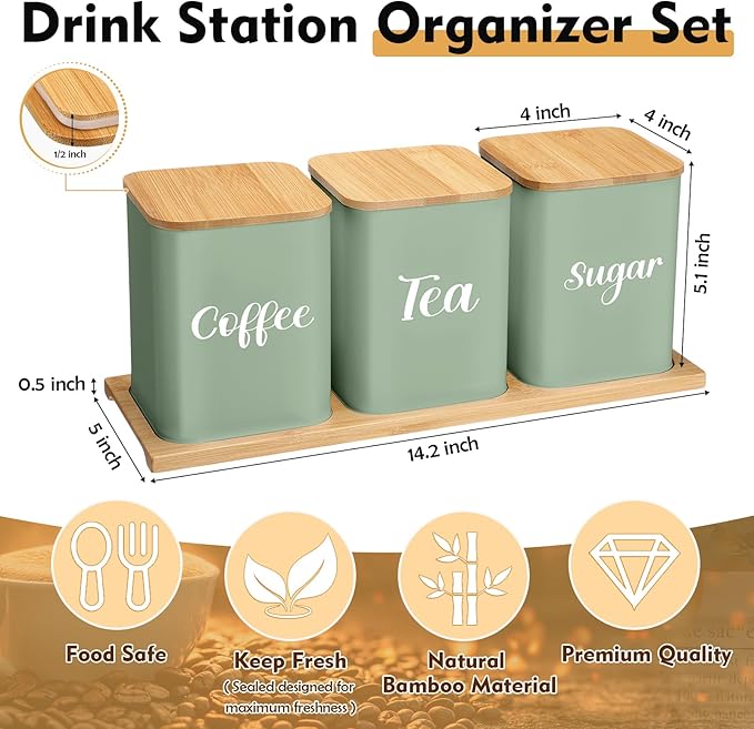 Tioncy Coffee Tea Sugar Container with Tray Set of 3 Airtight Metal Canister with Bamboo Lid Tray for Kitchen Counter Dining Room Farm House Kitchen Style Drink Station Organizer Set (Sage Green) - Image 2