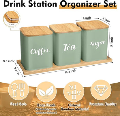 Tioncy Coffee Tea Sugar Container with Tray Set of 3 Airtight Metal Canister with Bamboo Lid Tray for Kitchen Counter Dining Room Farm House Kitchen Style Drink Station Organizer Set (Sage Green) - Image 2