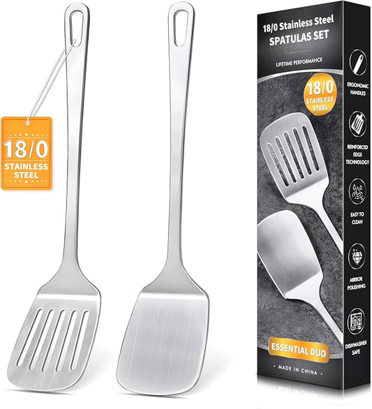 2 Pcs Stainless Steel Spatulas Set, Metal Spatula Solid & Slotted Turner, Heavy Duty Sturdy Spatula for Kitchen Use, High Heat Resistant Cooking Utensils for Fish Eggs Pancakes, Easy to Clean, Silver by Unknown