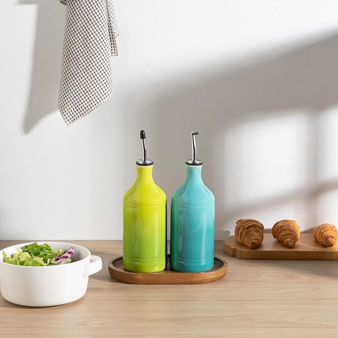 Sweejar Ceramic Olive Oil Dispenser Bottle Set, Opaque Oil Cruet Protects to Reduce Oxidation, Suitable For Storage Of Vinegar, Soy Sauce & Other Liquids,Pack of 2,15.5 Fl Oz（Gradient Blue & Green） - Image 5