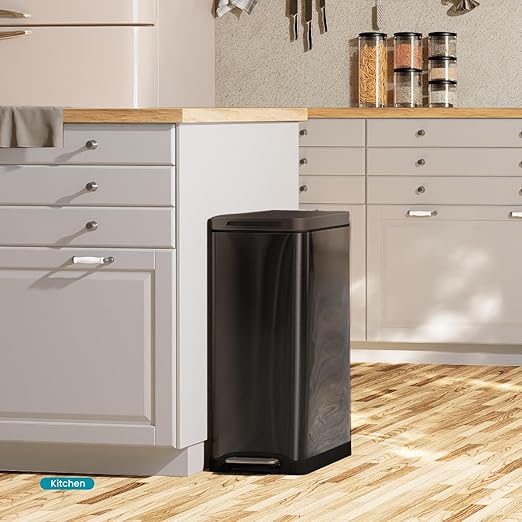 Home Zone Living 12 Gallon Slim Kitchen Trash Can with Soft Close Lid, Step Pedal, Bag Tuck Band, and Removable Liner, Stainless Steel, Black - Image 4