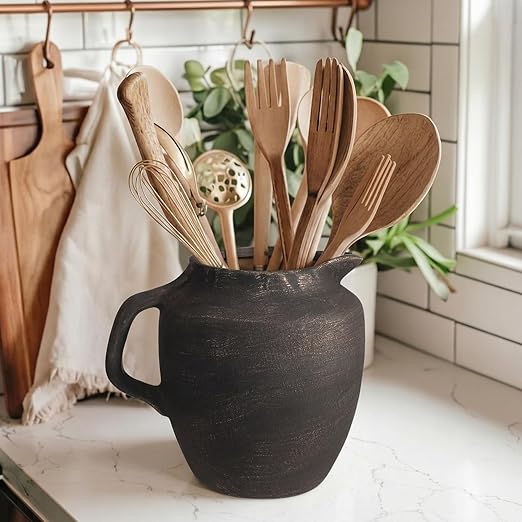 Potchen Rustic Kitchen Utensil Holder with Handle,7.48" H Ceramic Vintage Utensil Crock for Countertop, Farmhouse Kitchen Decoration Ceramic Pot for Spatulas Spoons Tongs(Novelty,Antique Black Gold) - Image 5