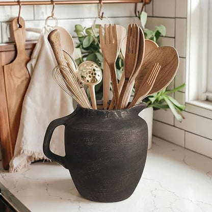 Potchen Rustic Kitchen Utensil Holder with Handle,7.48" H Ceramic Vintage Utensil Crock for Countertop, Farmhouse Kitchen Decoration Ceramic Pot for Spatulas Spoons Tongs(Novelty,Antique Black Gold) - Image 5