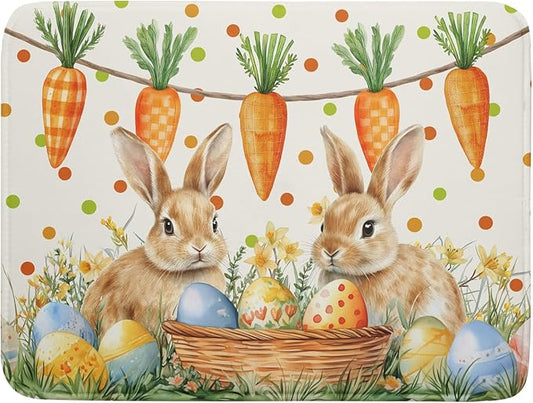 Giwawa Easter Bunny Dish Drying Mat Eggs Carrot Dishes Drainer Pad Absorbent Reversible Dish Rack Mat Protector for Kitchen Countertop 18x24 Inch