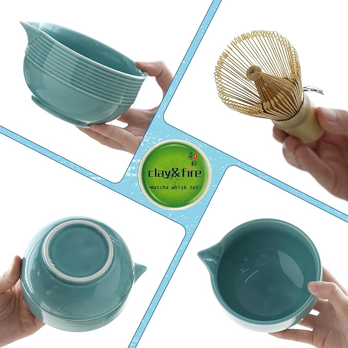 Clay&Fire Matcha Whisk Set, Ceramic Matcha Set, Matcha Bowl with Spout and Whisk, 9 pcs Matcha Tea Kit for Matcha Lovers, Ideal Gift Christmas, Birthday (Blue) - Image 4