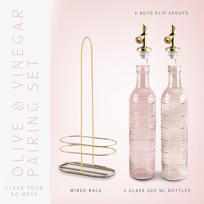COOK WITH COLOR Glass Olive Oil Bottle Dispenser - 2 Pack- 17oz Oil and Vinegar Cruet - Olive Oil Carafe Decanter for Kitchen, Champagne Bubbles, Pink - Image 3
