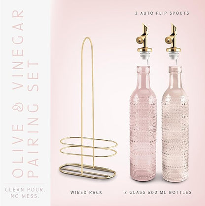 COOK WITH COLOR Glass Olive Oil Bottle Dispenser - 2 Pack- 17oz Oil and Vinegar Cruet - Olive Oil Carafe Decanter for Kitchen, Champagne Bubbles, Pink - Image 3