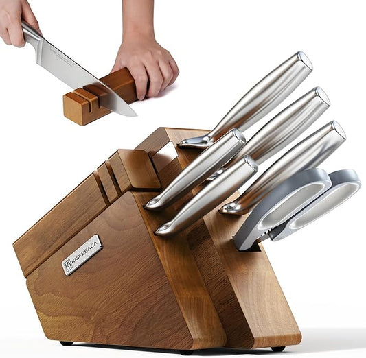KnifeSaga Kitchen Knife Set with Block and Detachable Sharpener | 8-Piece High Carbon Stainless Steel Knife Block Set, Fully Forged Blades & Compact Design